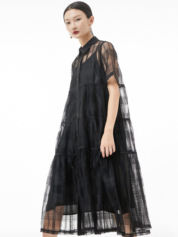Original Color Hollow See-through Thin Midi Dress