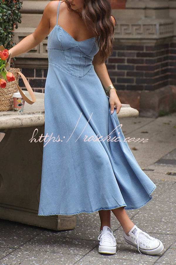 Color Sleeveless Suspender Pleated Back Faux Denim Midi Dress