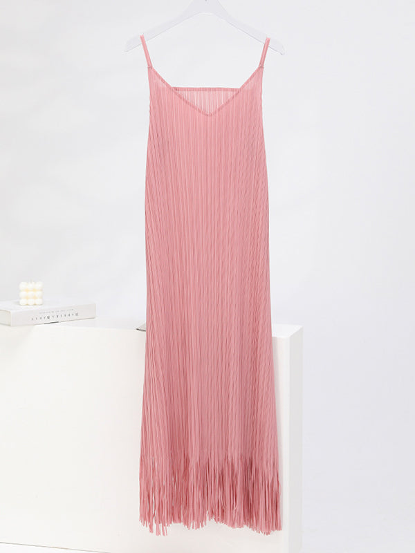 Loose Sleeveless Pleated Color Tasseled Spaghetti-neck Midi Dresses