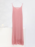 Loose Sleeveless Pleated Color Tasseled Spaghetti-neck Midi Dresses