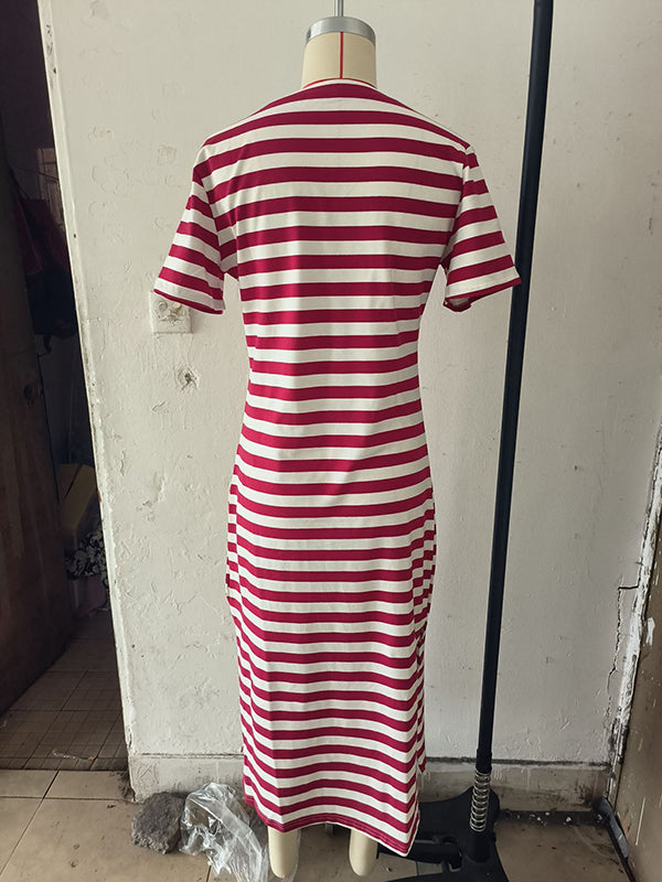 A-line Loose Printed Split-side Striped V-neck Midi Dresses
