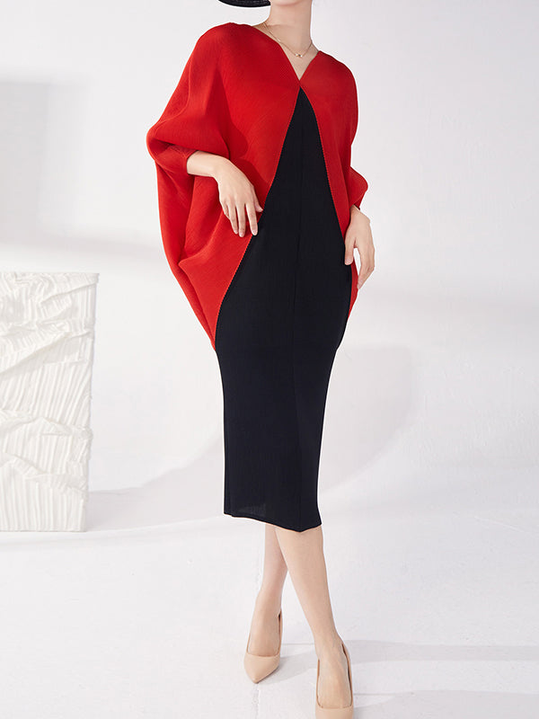 Batwing Sleeves Loose Contrast Color Pleated Round-neck Midi Dresses
