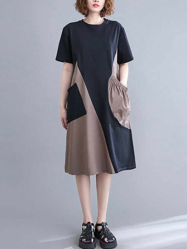 Original Loose Split-joint Contrast Color Midi Dress