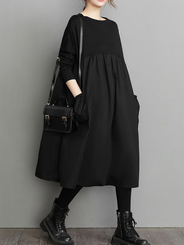 Simple Loose Black Split-joint Long Sleeves Midi Dress