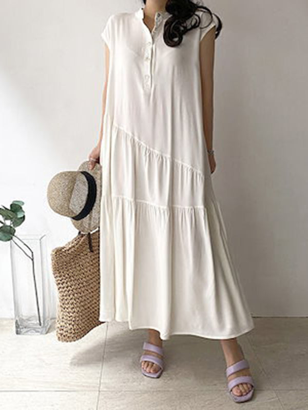 A-line Loose Buttoned Pleated Ruffled Color Split-joint Tiered Stand Collar Midi Dresses