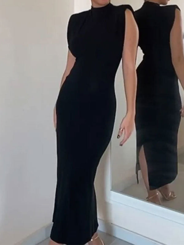 Skinny Color Zipper Mock Neck Midi Dresses