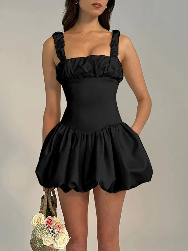 New Suspender Short Dress for Folds Patchwork Sleeveless Princess Birthday Party Ball Gown Mini Dress