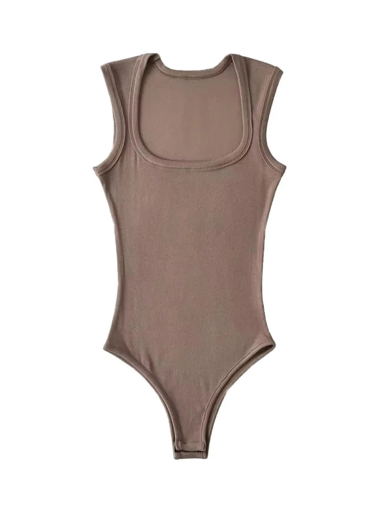 ’s Slim Square Collar Sleeveless Bodysuit Shoulder Vest Jumpsuit Backless Pullover Top