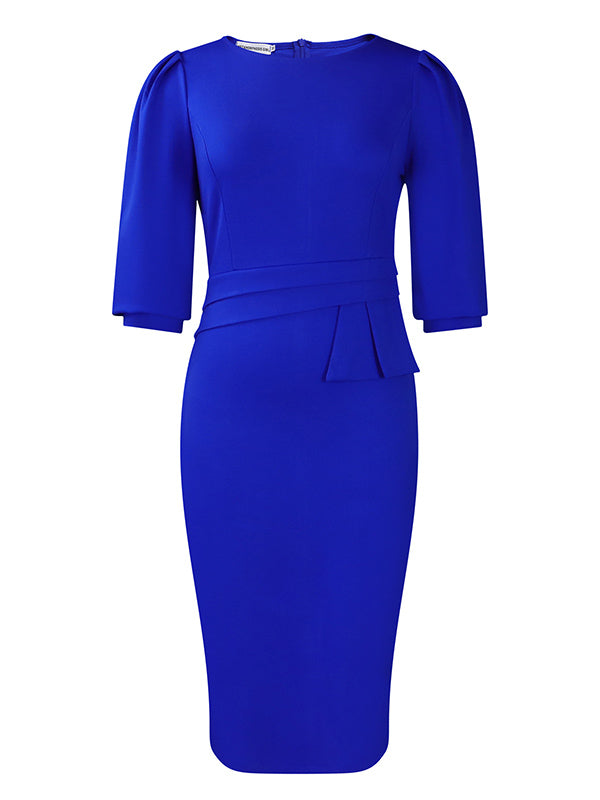 Bodycon Half Sleeves Pleated Color Split-back Split-joint Zipper Round-neck Midi Dresses
