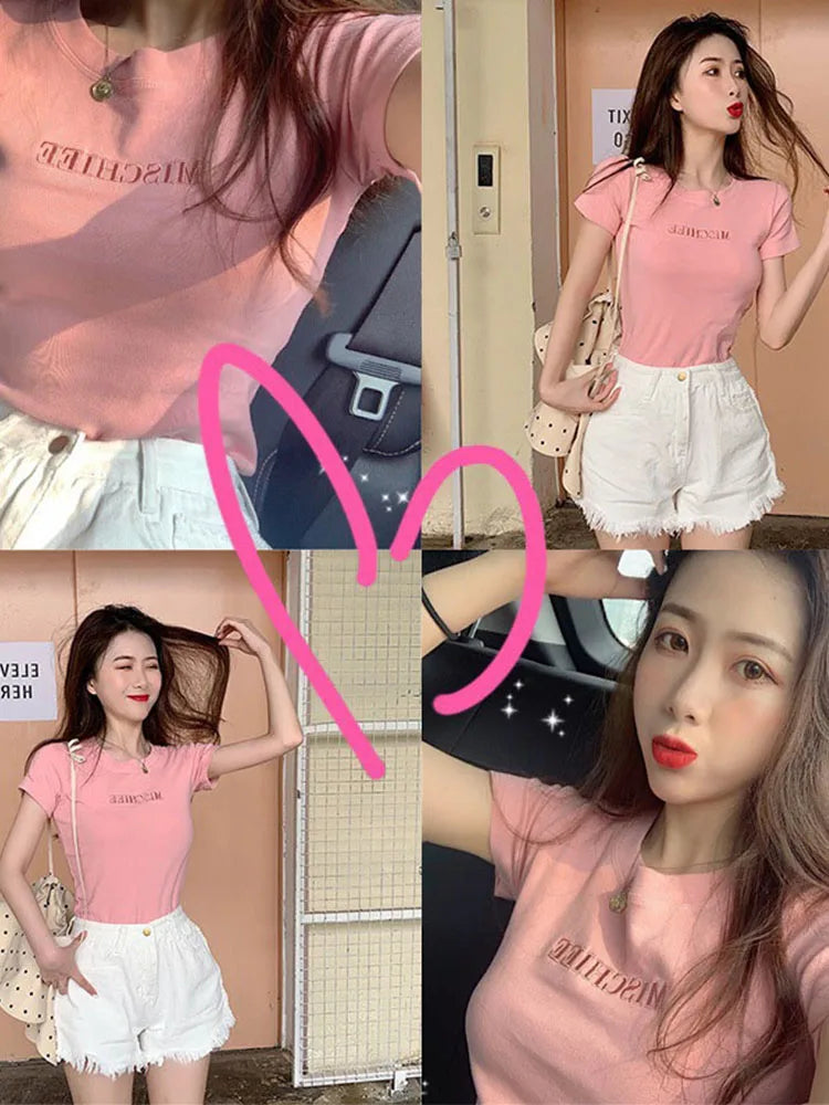 Short Sleeve Top Pure T-shirt Brand Letter Summer Embroidered Clothing Slim Cotton Pure Color Round Neck