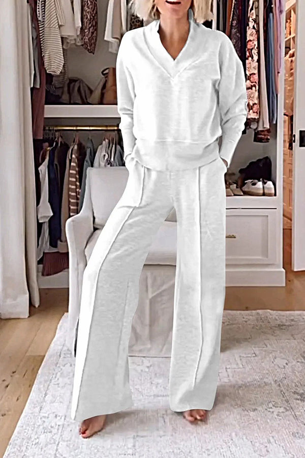 Weather Gets Cold Color V-neck Top and Elastic Waist Pocketed Lounge Pants Set