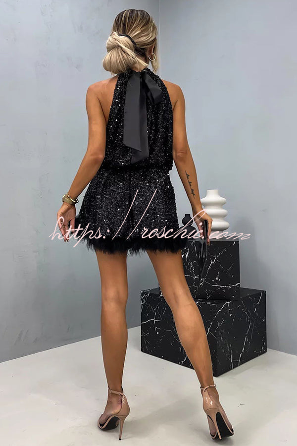 It's Time to Dance Sequin Feather Trim Halter Babydoll Mini Dress