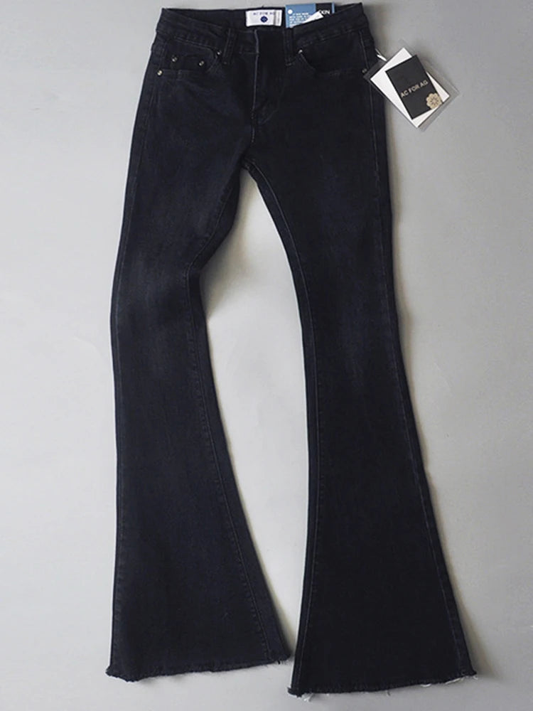 Retro Low Waist Blue Jeans for Bodycon Flared Pants Basic Slim Fit Summer Street Jeans Woman