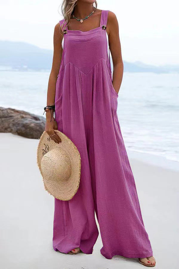 Button Suspender Wide Leg Line Jumpsuit