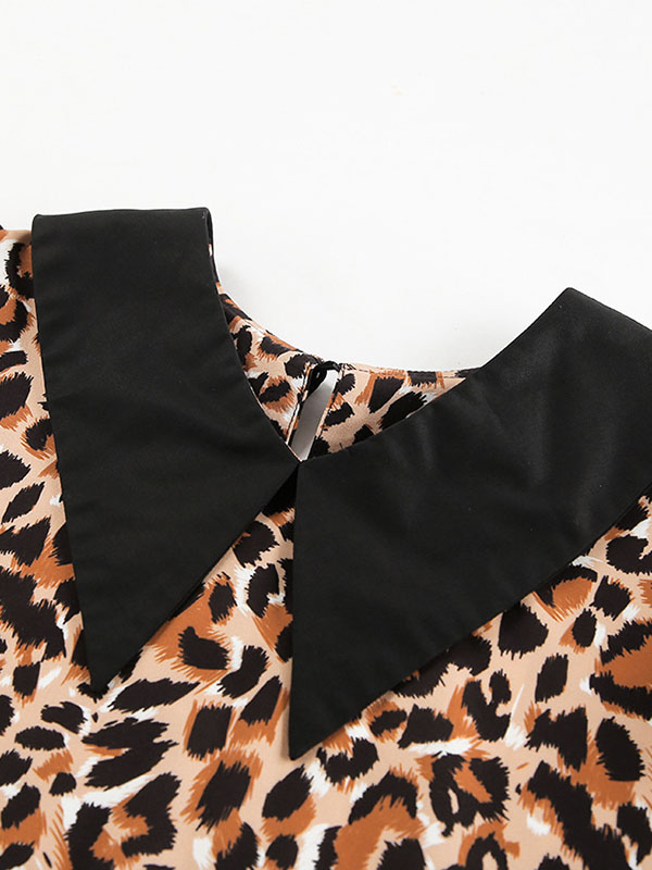 Loose Puff Sleeves Leopard Pleated Printed Split-joint Peter Pan Collar Mini Dresses Shirt Dress