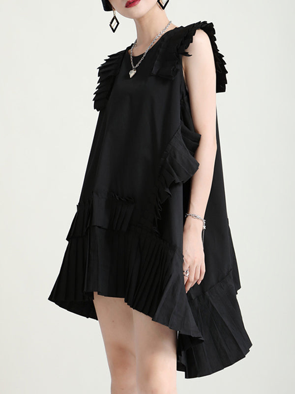 Flying Sleeves Loose Asymmetric Pleated Color Split-joint Round-neck Midi Dresses