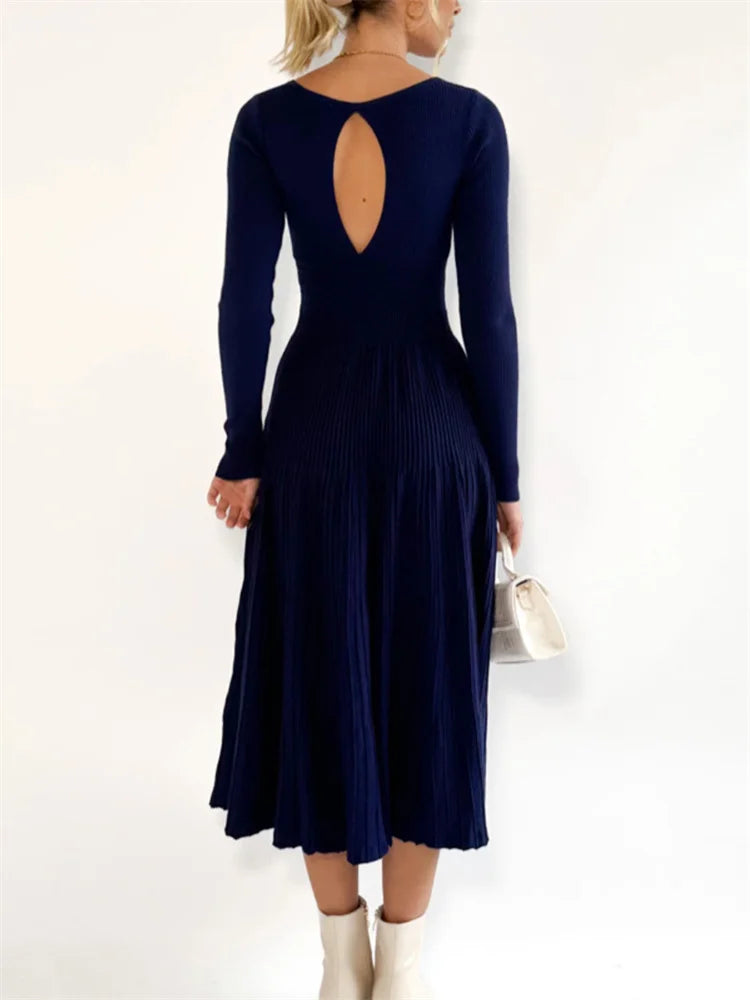 V-neck Backless Knit Maxi Dress for Slim Party Dress High Waist Ribbed Patchwork Long Dress