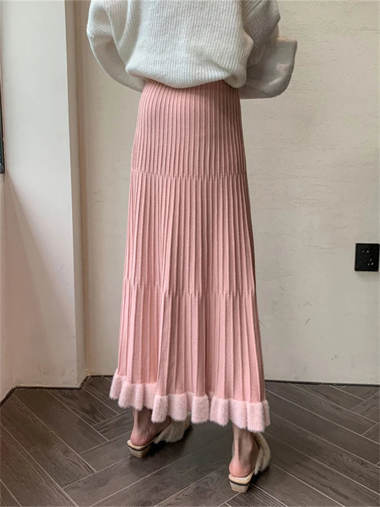 High Waist Ruffled Pleated Skirts Autumn Long Skirt Loose Pleated Ribbed Maxi Skirt