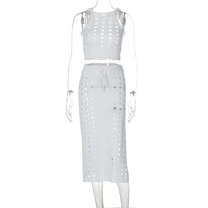 Slim Hollow Out Skirt Suit Knitted for Sleeveless Strapless Top Summer New High Waisted Lace Up Split Long Skirt
