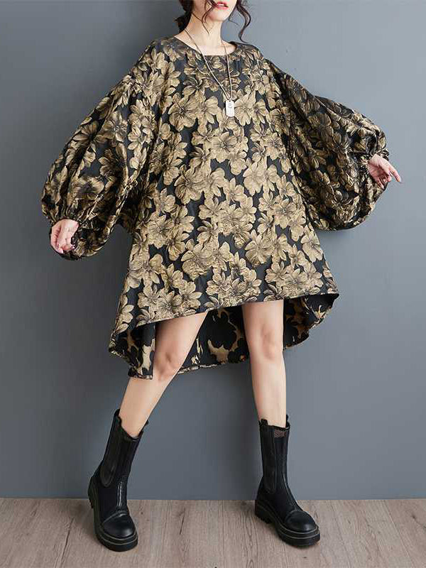 A-line High-low Elasticity Flower Print Jacquard Round-neck Midi Dresses