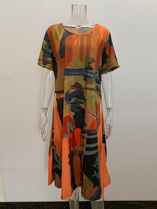 A-line Loose Printed Round-neck Midi Dresses