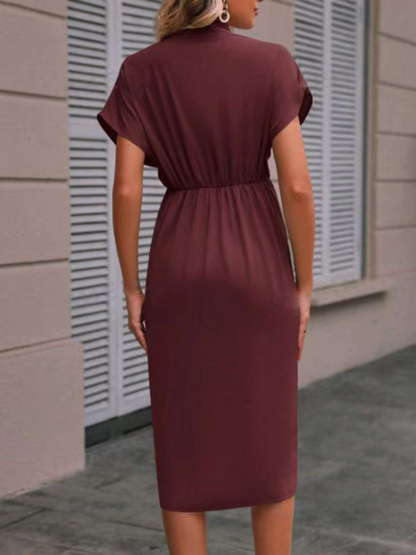 High-low Loose Knot Pleated Color Split-front V-neck Midi Dresses