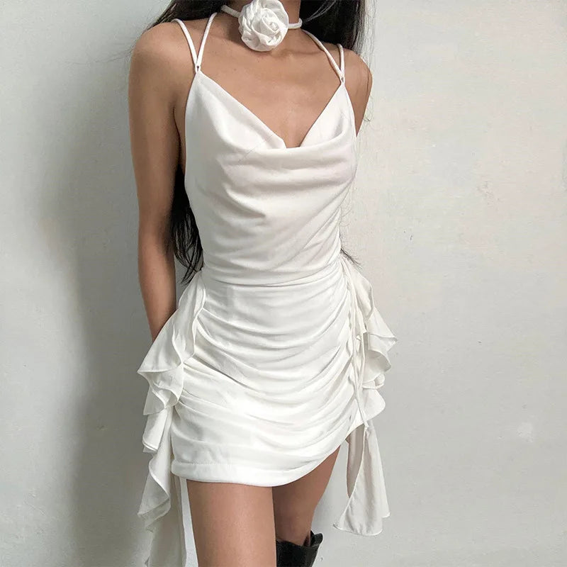 Backless Dress for Ruffle Folds Slim Mini Dresses Holiday Bandage V Neck Lace Up Dress Woman