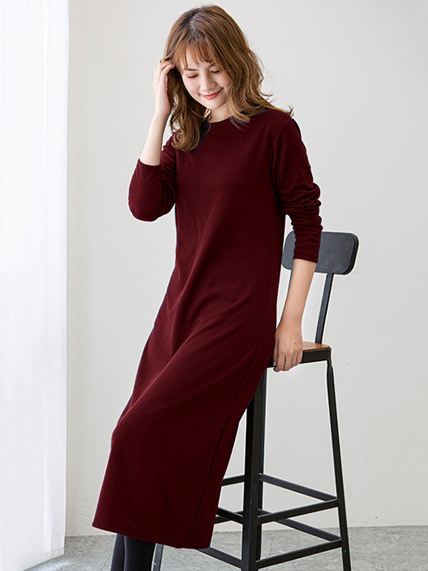 Simple Color Round-neck A-line Midi Dress
