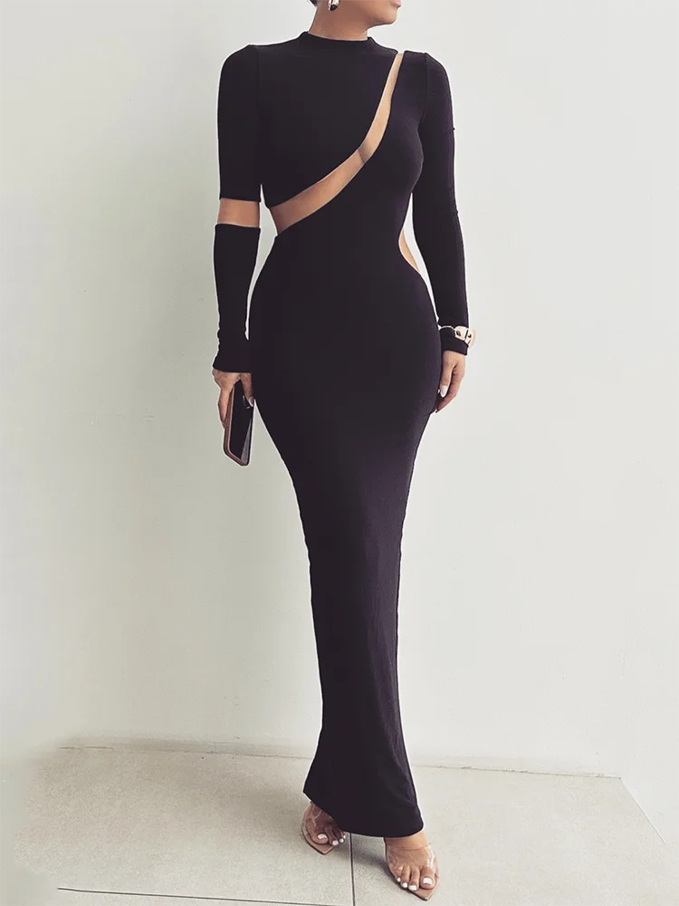Turtleneck Long Sleeve Bodycon Maxi Dress for Autumn New Patchwork Hollow Out Club Party Long Dress Vestidos