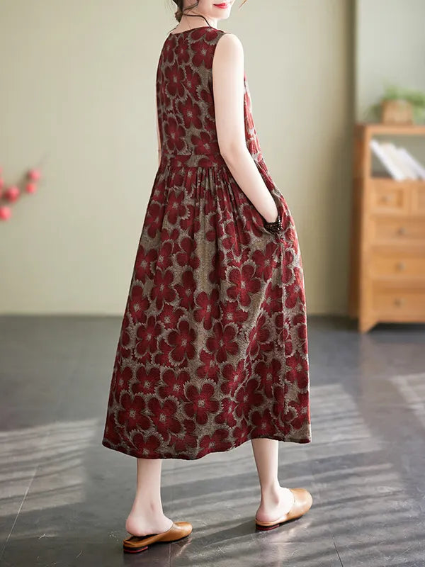 Loose Oversize Drawstring Printed Round-neck Midi Dresses