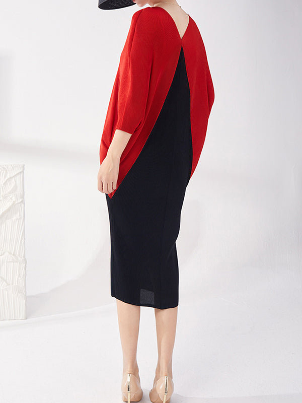 Batwing Sleeves Loose Contrast Color Pleated Round-neck Midi Dresses