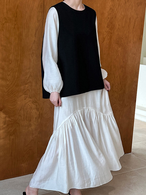 High Waisted Long Sleeves Elasticity Pleated Color Split-joint Zipper V-neck Midi Dresses