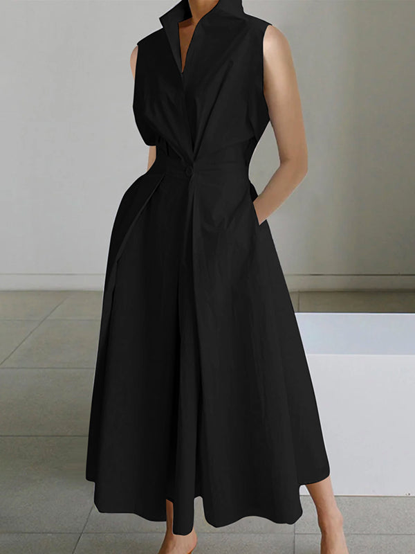 Sleeveless Color Lapel Midi Dresses