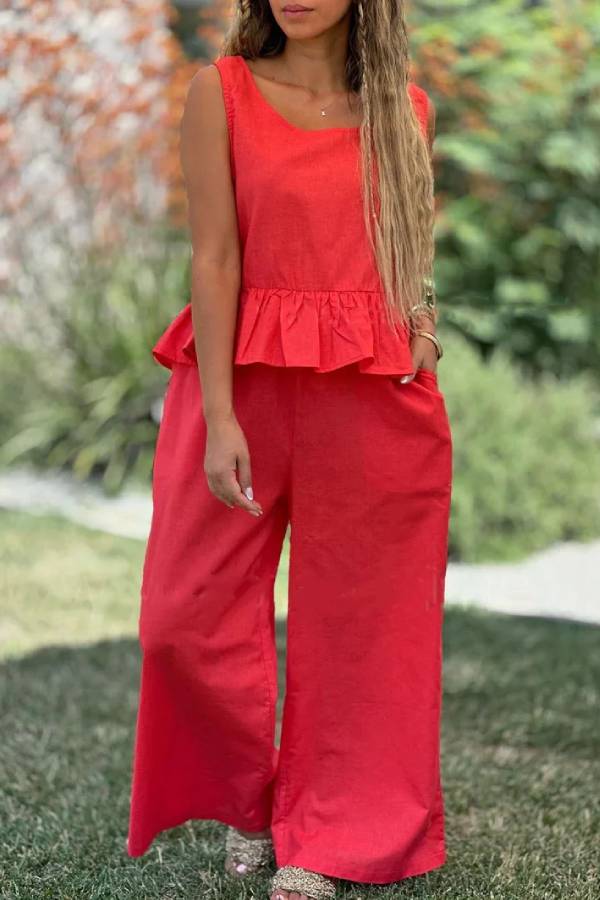 Cotton and Linen Color Sleeveless Top & Wide Leg Pants Two-piece Set