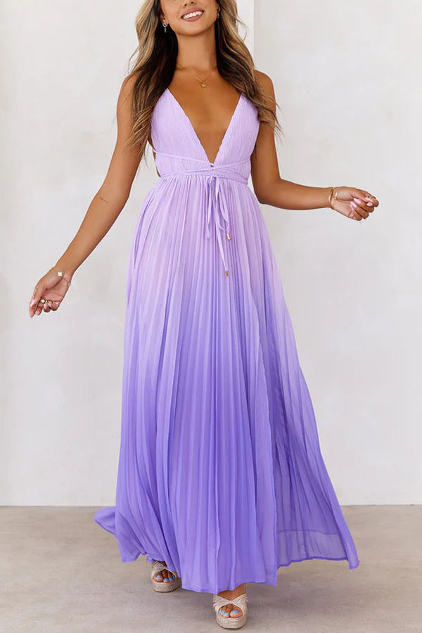 Love Letter to You Pleated Gradient Print Back Tie-up Slit Maxi Dress