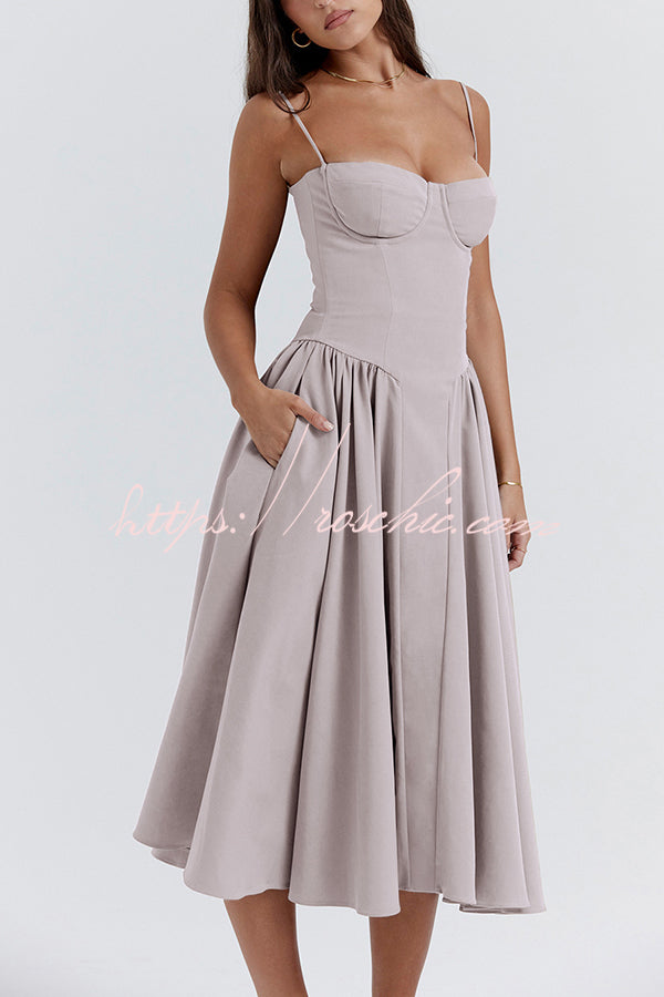 Color Slim Fit Suspender Pocket Midi Dress