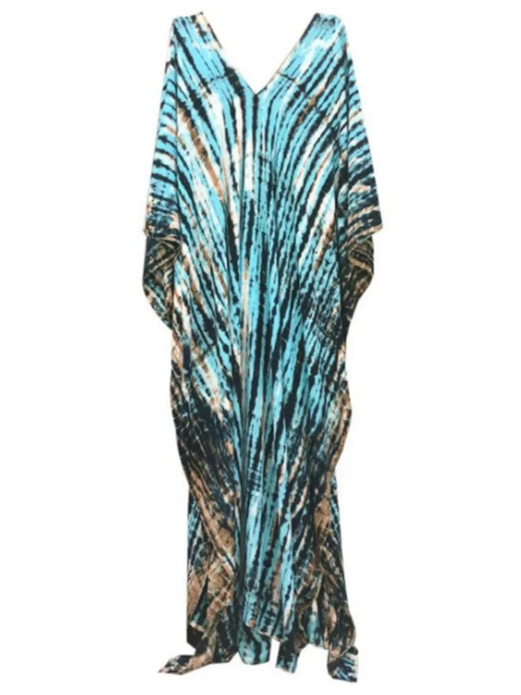Striped Print Long Dresses V-neck Bat Sleeve Loose Slit Beach Dress Summer New Beachwear Vestidos
