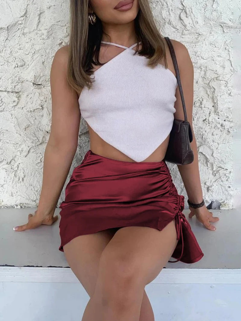 Pleated Lace-up Satin Mini Skirt Side Split for Skirt High Waist Zipper Outfit Skirt