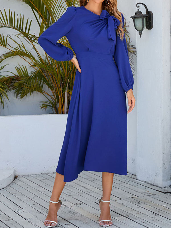 A-line Long Sleeves Asymmetric Bowknot Elasticity Color Round-neck Midi Dresses