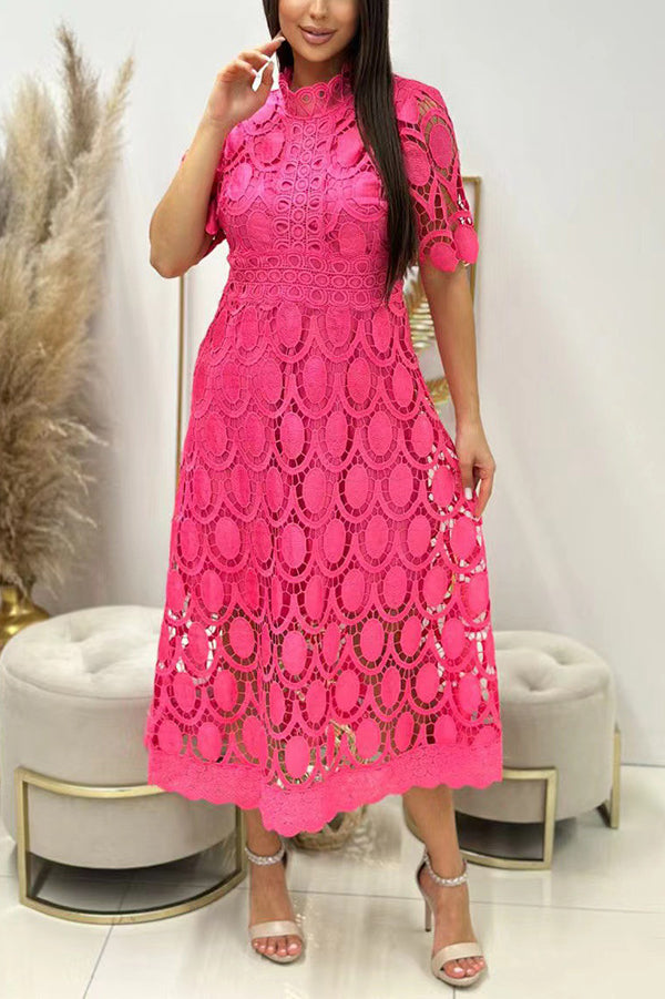 Crocheted Cutout Lace Short-sleeved Stand-collar Midi Dress
