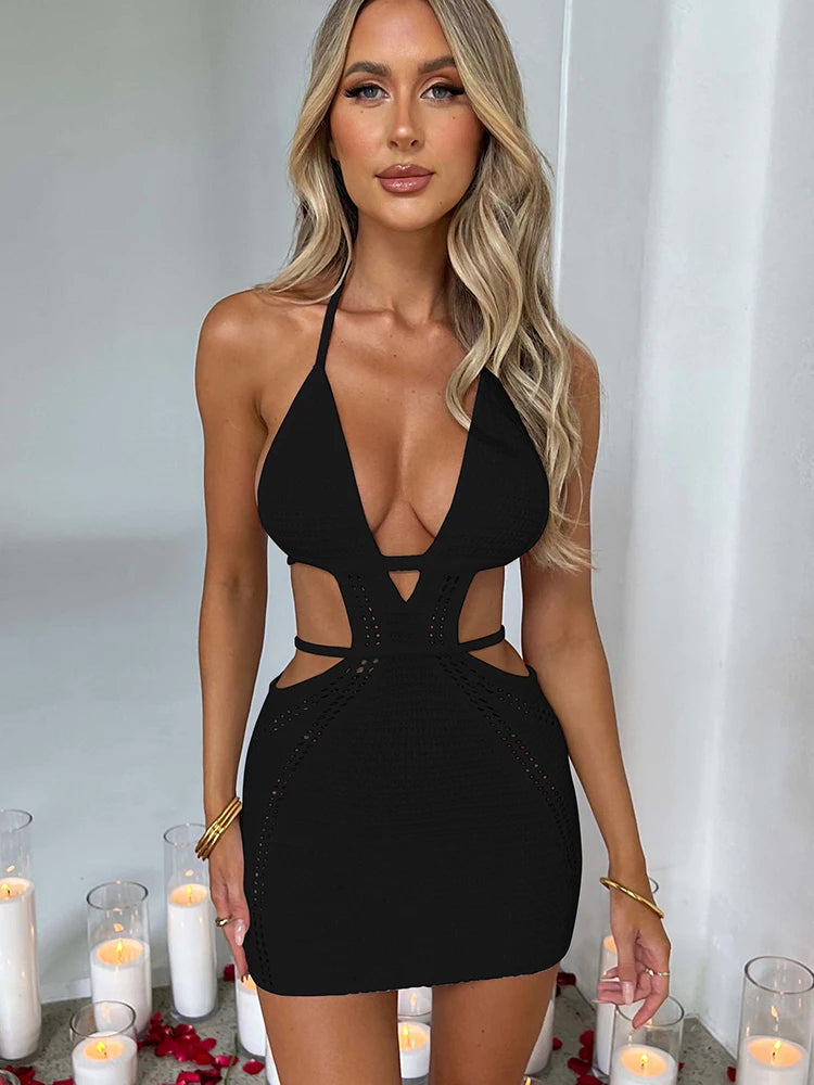 Hollow Out Halter Mini Dress Summer New Sleeveless Backless Skinny Club Party Knit Tank Dress Vestido