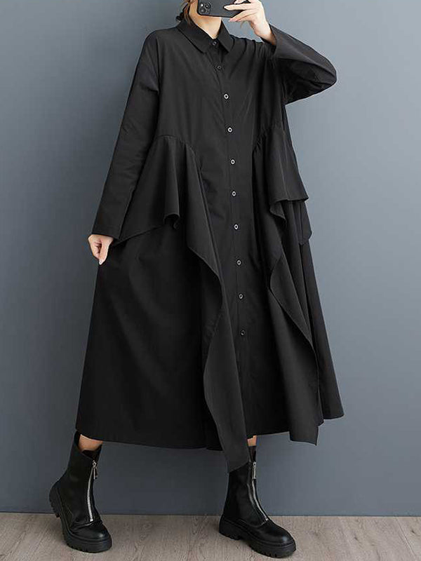 A-line Long Sleeves Buttoned Pockets Ruffle Trim Color Lapel Midi Dresses
