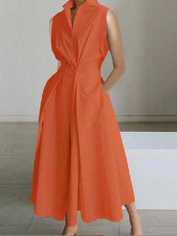 Sleeveless Color Lapel Midi Dresses
