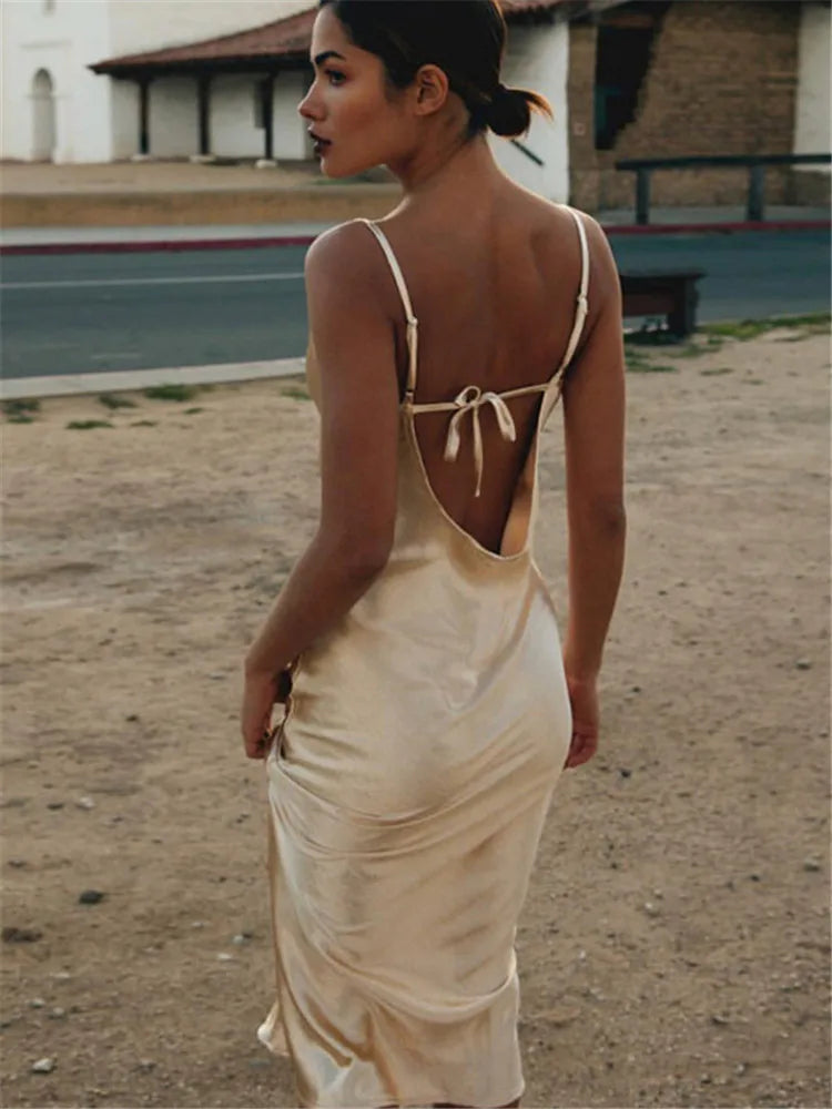 Gold Satin Lace Up Party Dress Strap Backless Silk Long Dress Club Evening Soft Winter Dress Vestidos