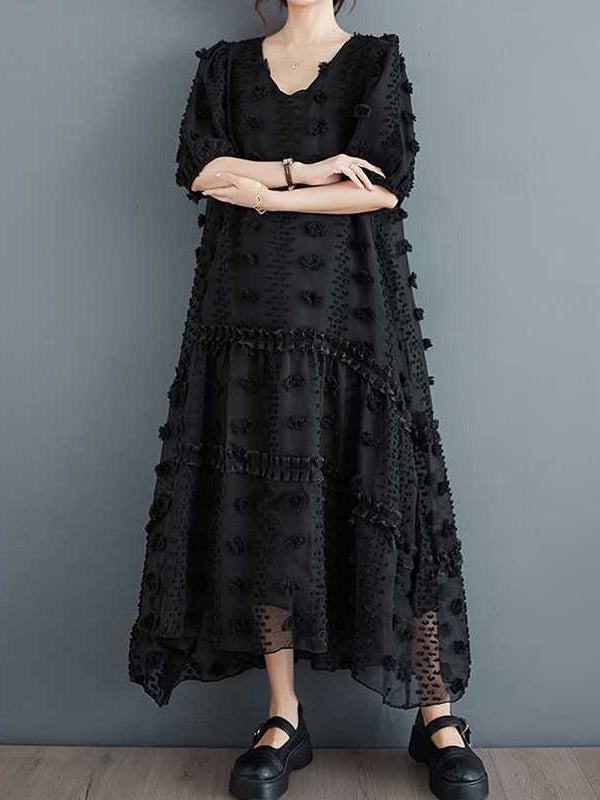 A-line Half Sleeves Elasticity Jacquard Color Split-joint V-neck Midi Dresses