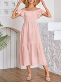 A-line Loose Elasticity Pleated Ruffled Color Split-joint Off-the-shoulder Midi Dresses