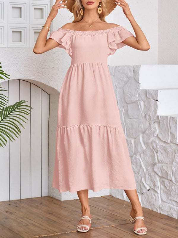 A-line Loose Elasticity Pleated Ruffled Color Split-joint Off-the-shoulder Midi Dresses