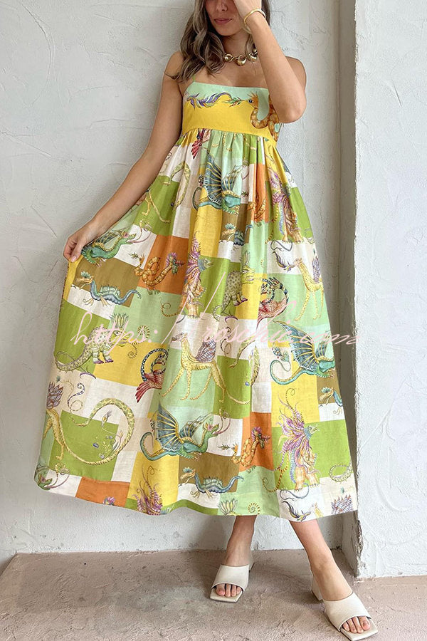 Dragon Family Printed Linen Blend Pocketed Back Knotted Midi Dress