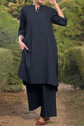 Cotton and Linen V-neck 3/4 Sleeve Wide Brimmed Pants 2-piece Set