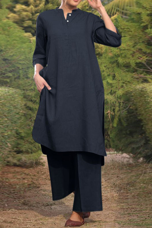 Cotton and Linen V-neck 3/4 Sleeve Wide Brimmed Pants 2-piece Set